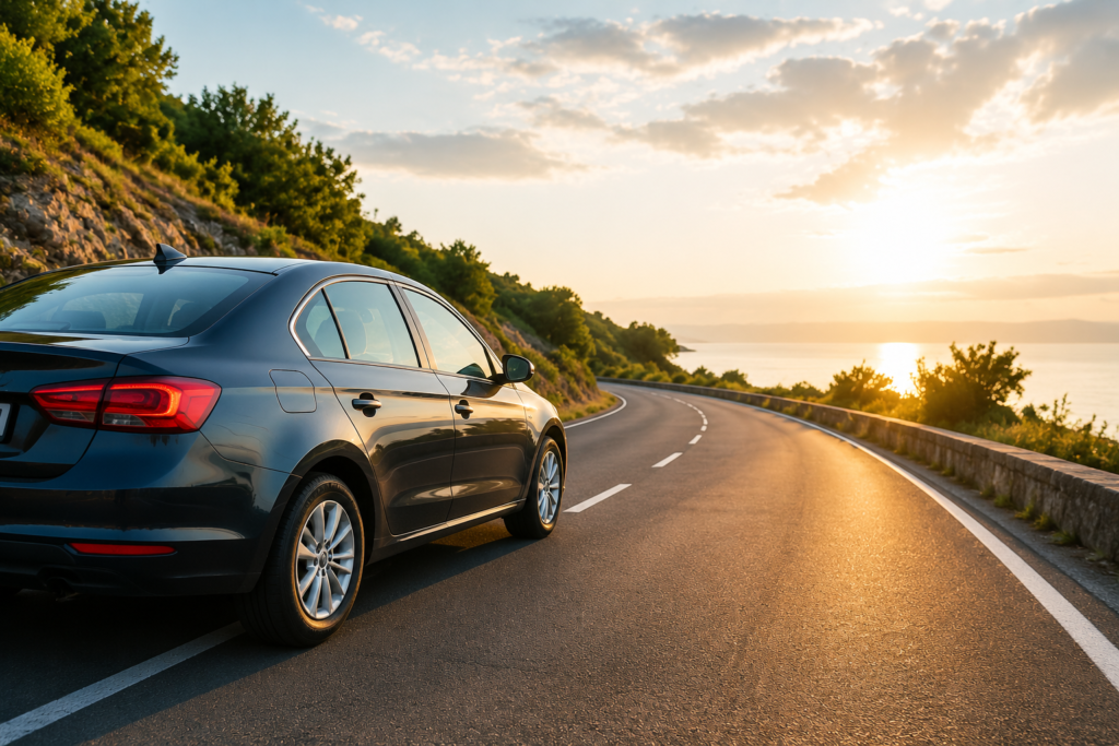 Self drive car rental road trip scene showing a modern sedan driving on a scenic highway representing Pritam Self Drive Car Rental services
