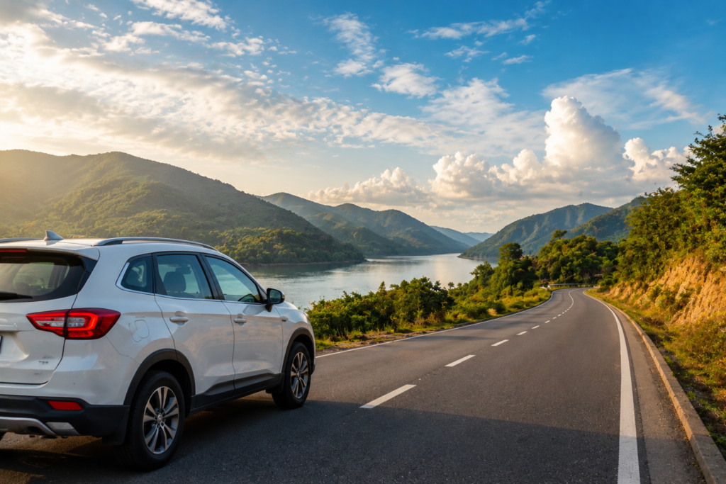 Self drive car on scenic mountain road representing road trip travel in Northeast India