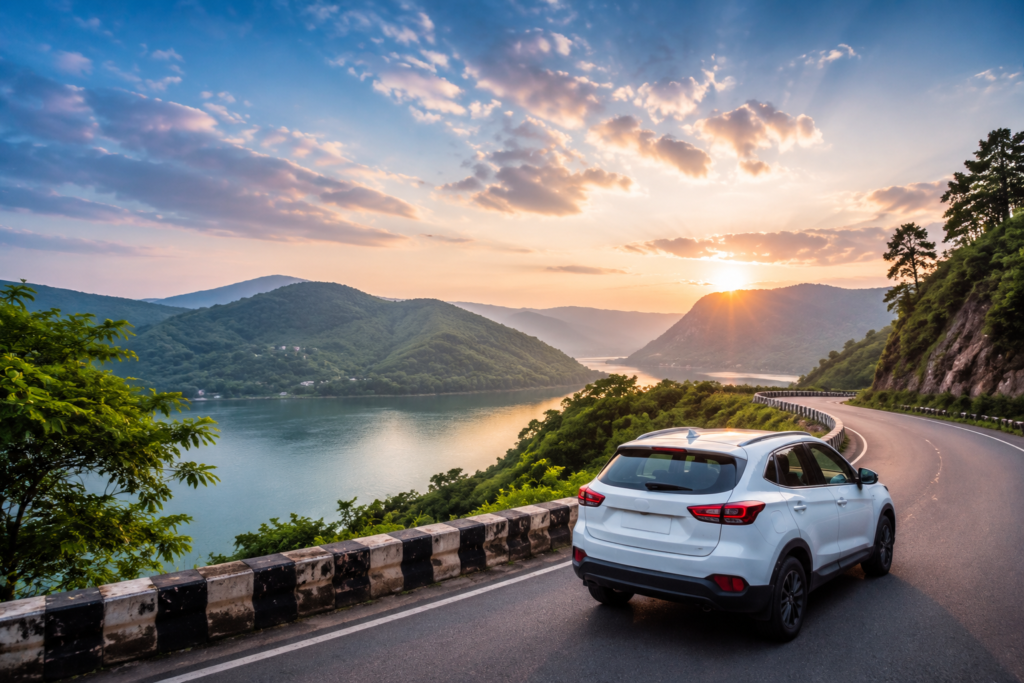 White SUV driving on a scenic mountain road beside a lake during sunset representing self drive car rental travel experience in Northeast India