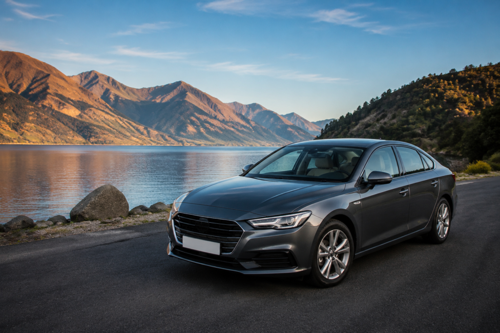 Self drive car rental sedan parked on scenic lakeside road representing Pritam Car travel experience for road trips and car rental service