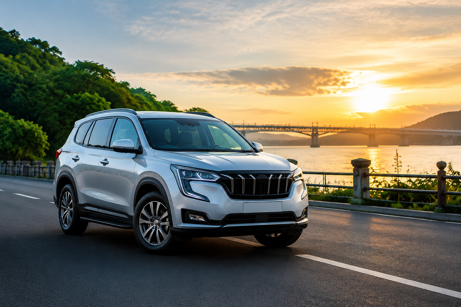 Self drive SUV car rental in Guwahati by Pritam Car showing a scenic sunset road trip experience for travelers in Assam
