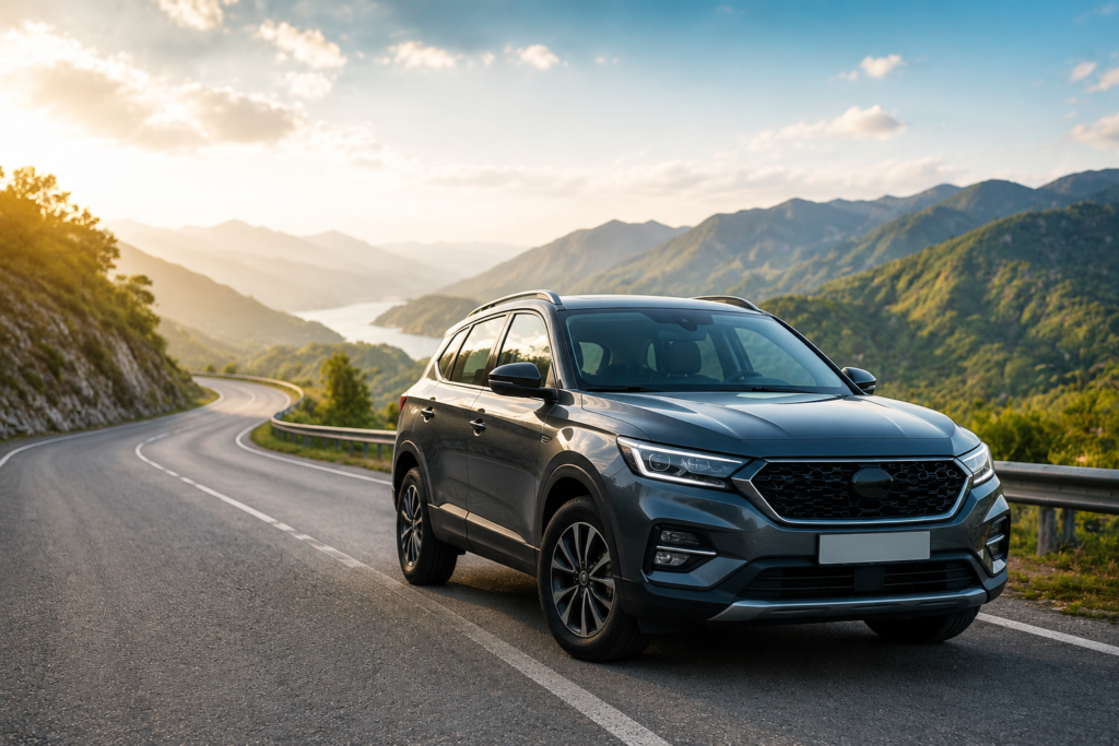 Couple enjoying self drive road trip with SUV car parked on mountain highway during sunset with scenic nature view
