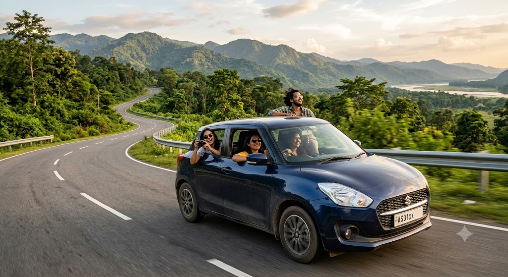 Self drive car rental in Guwahati with a comfortable car traveling through scenic Northeast India roads